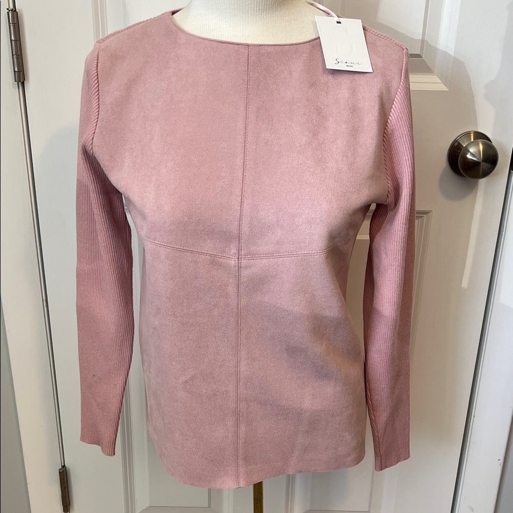 New Sioni Milano Blush Pink Faux-Suede & Ribbed Knit Long Sleeve Top